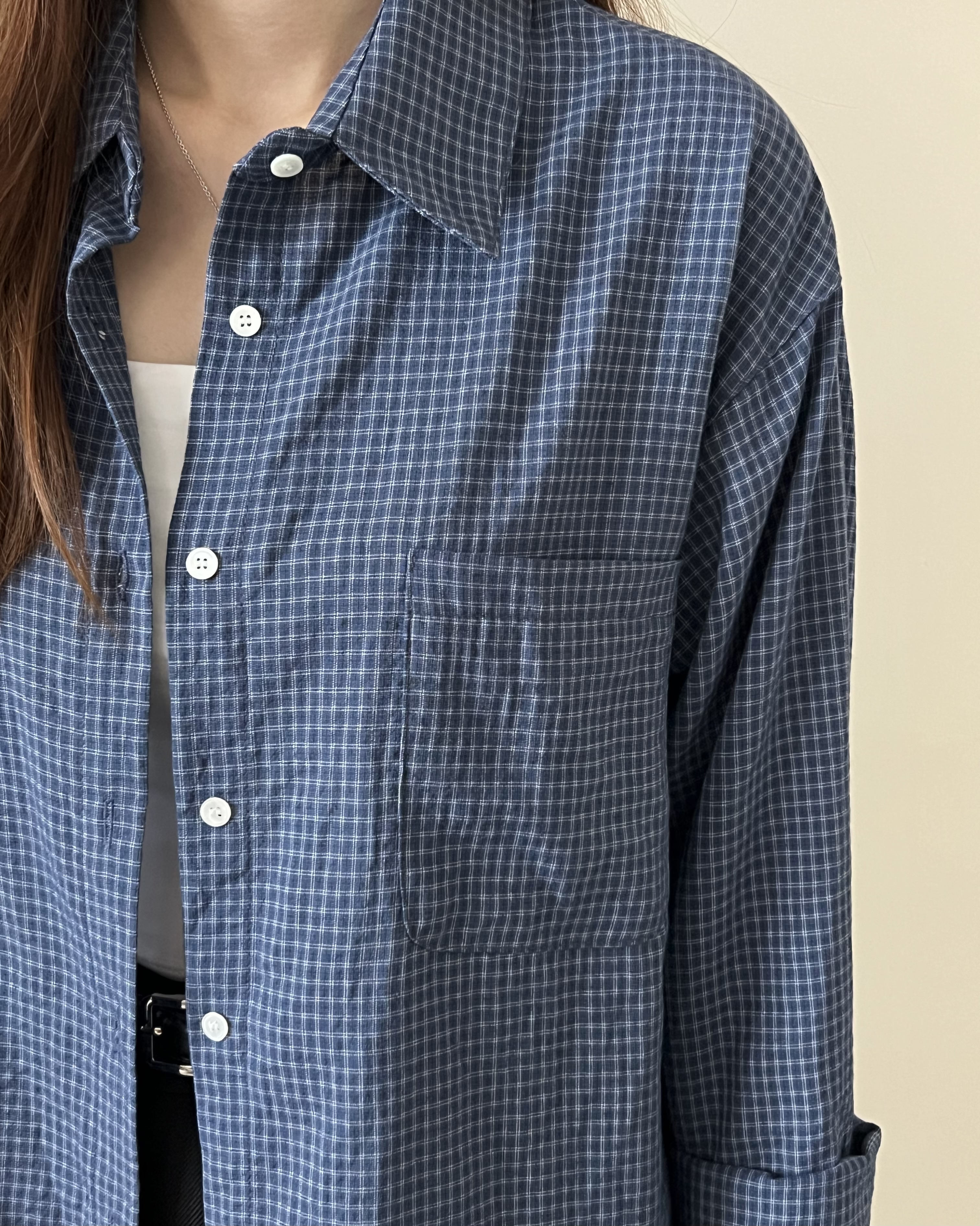 韓風細格紋薄恤衫 