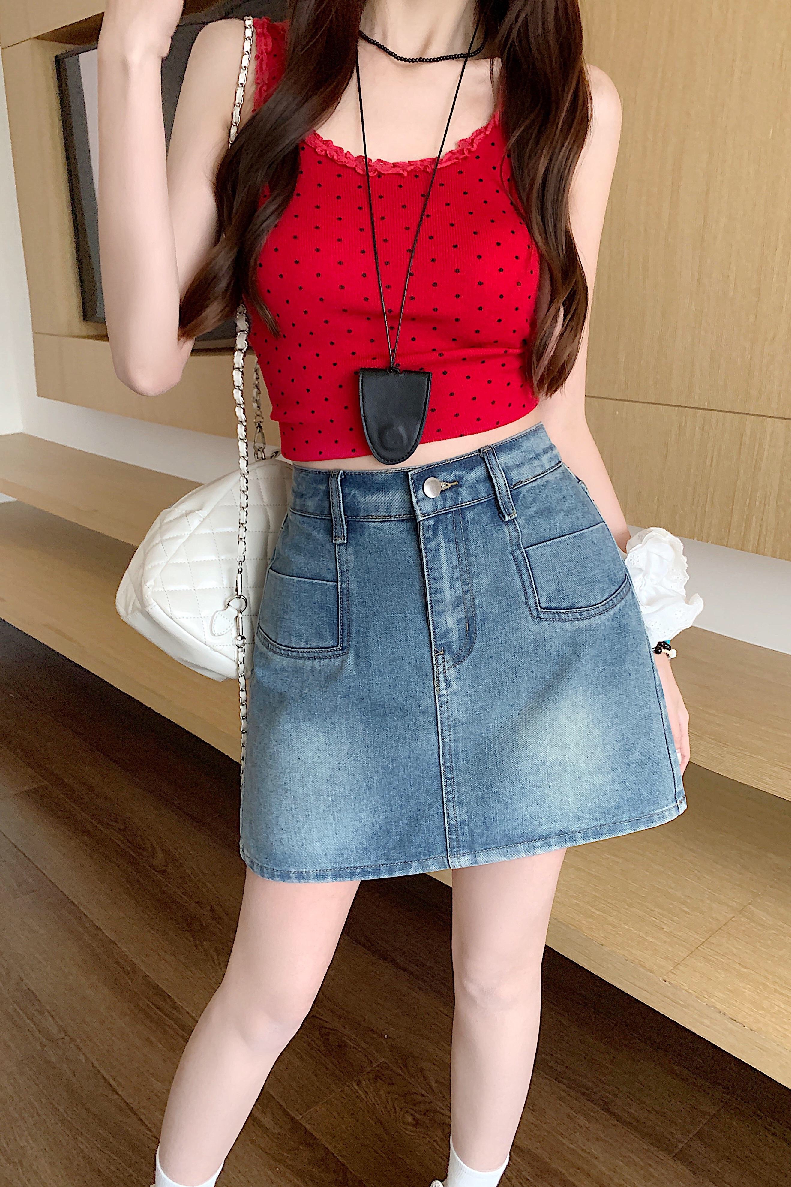 B251(65535) 美式JEANS时尚半横口袋边蓝短裙