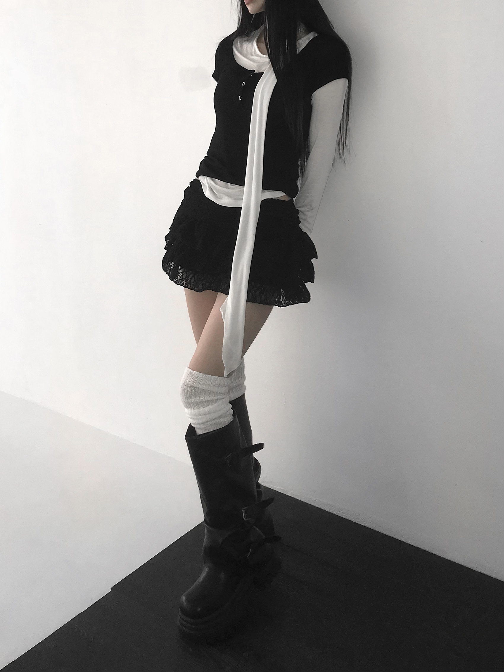 Ruched Button Long Sleeve with Scarf Tie