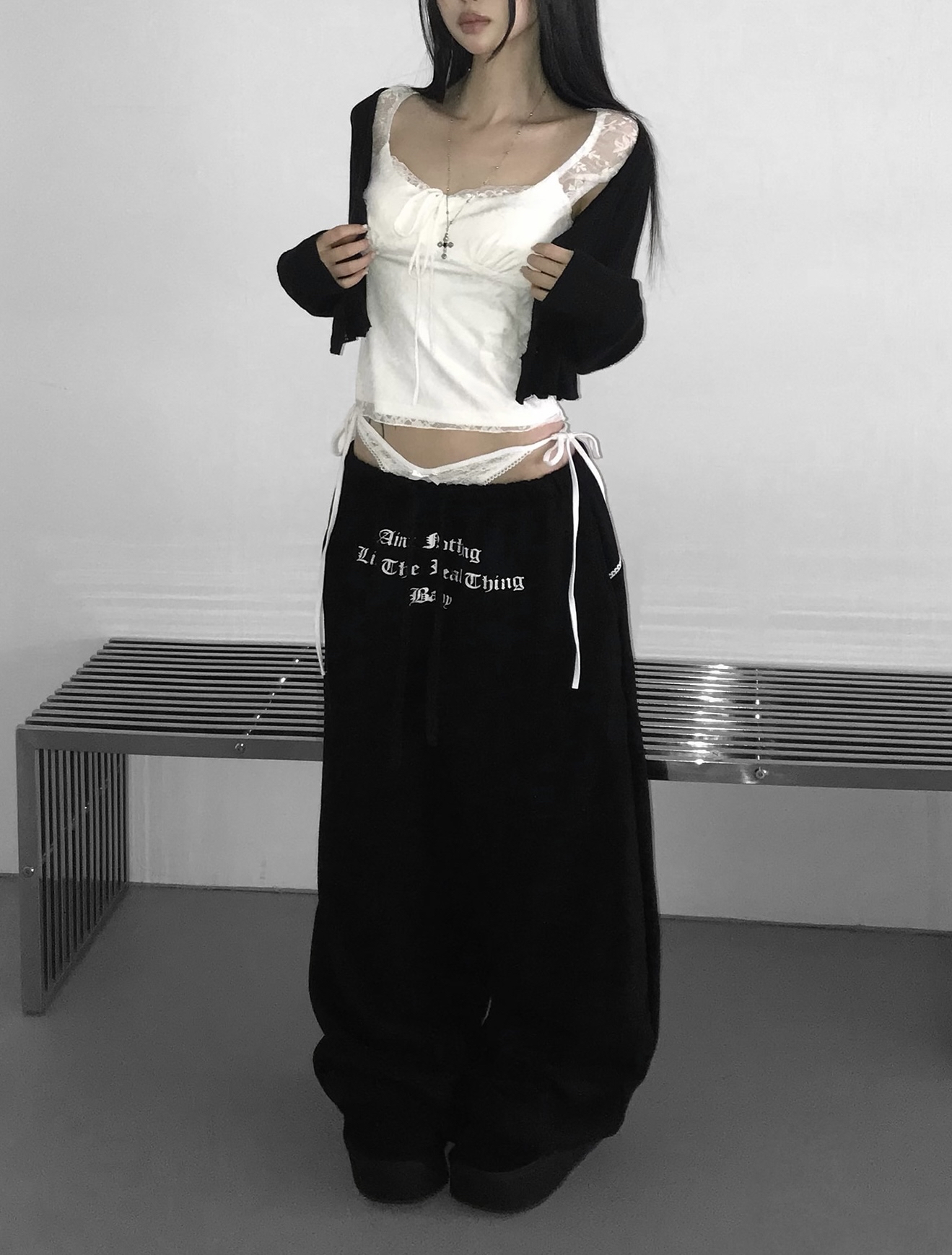 Layered Lace Waist Graphic Wide Leg Pants