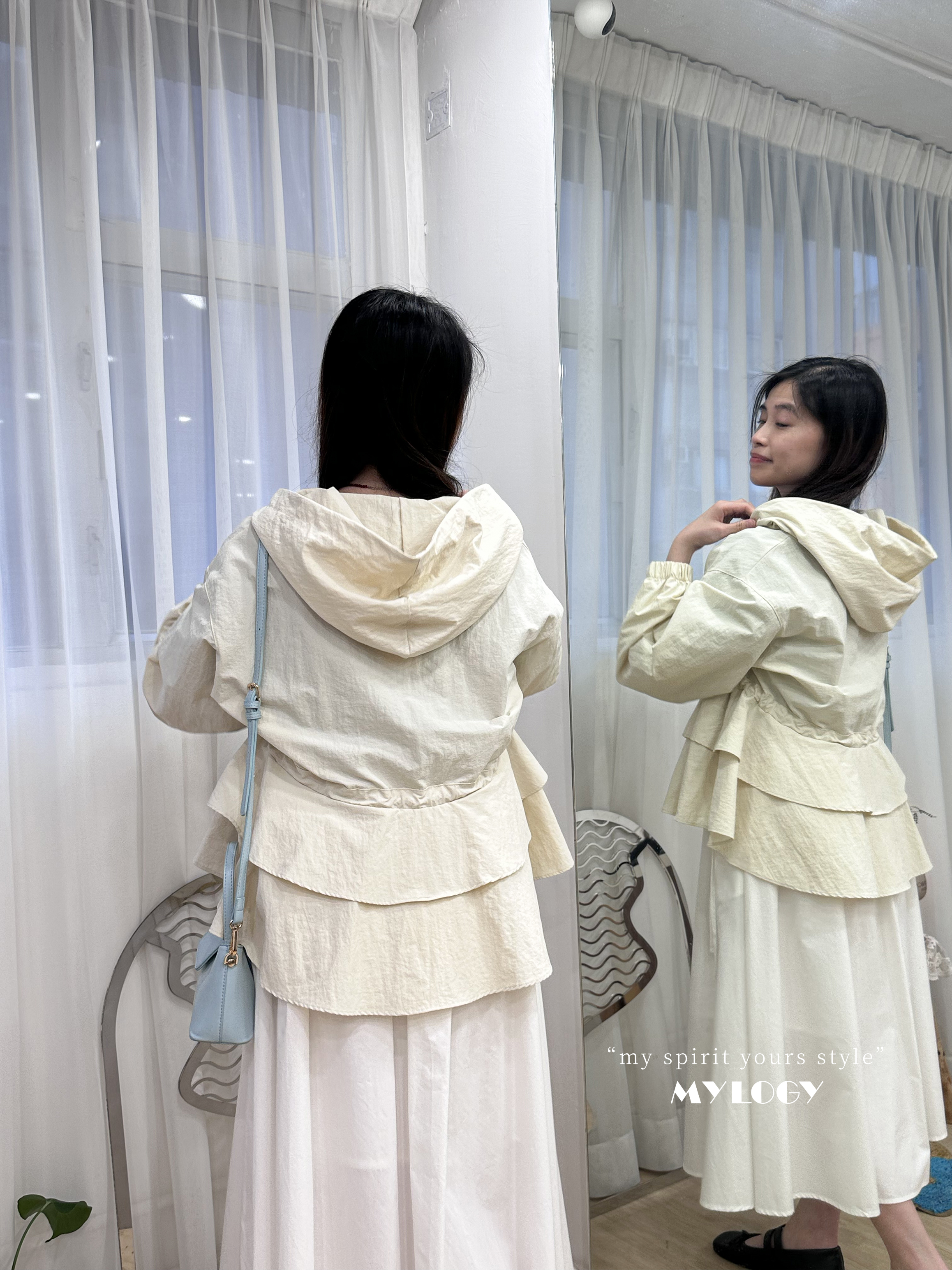 非典型少甜～束腰索繩Double Ruffle連帽風衣 J0002 - 白色 Ivory