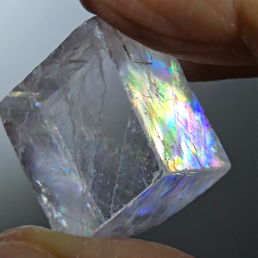 Purple calcite cube with incredible rainbows - PC15