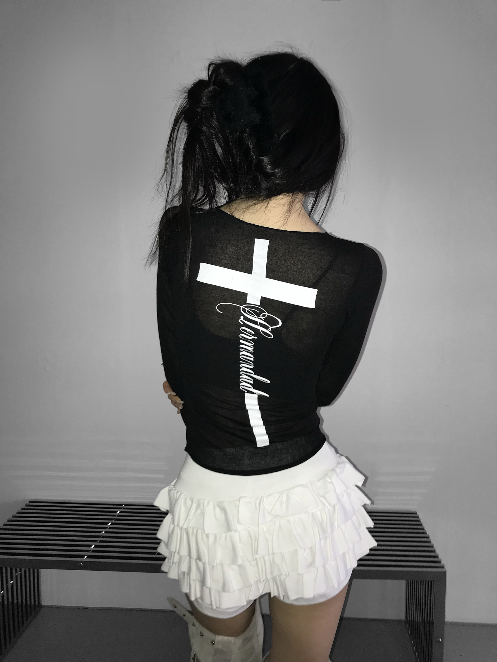 Sheer Tie-Front Cross Graphic Top