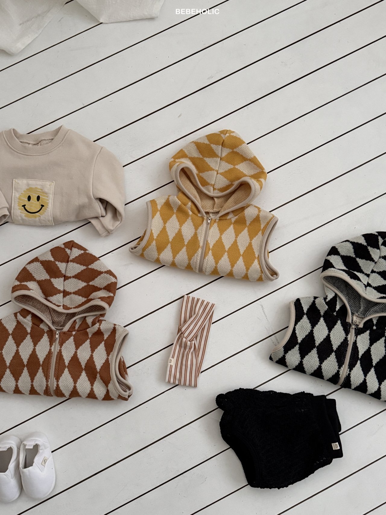 🌸預訂 韓國直送🌸🇰🇷BEBEHOLIC三色菱格連帽背心拉鍊外套