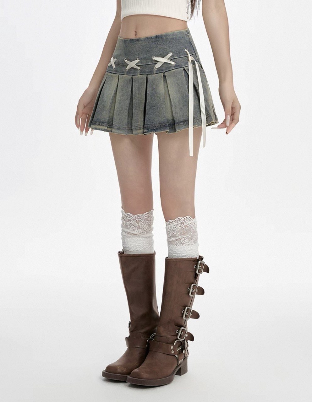 美式复古辣妹牛仔裙 Lace-Up Denum Pleated Mini Skirt