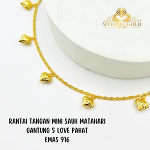 MYDORA Rantai Tangan Mini Sauh Matahari Gantung 5 Love Pahat | EMAS 916/22k