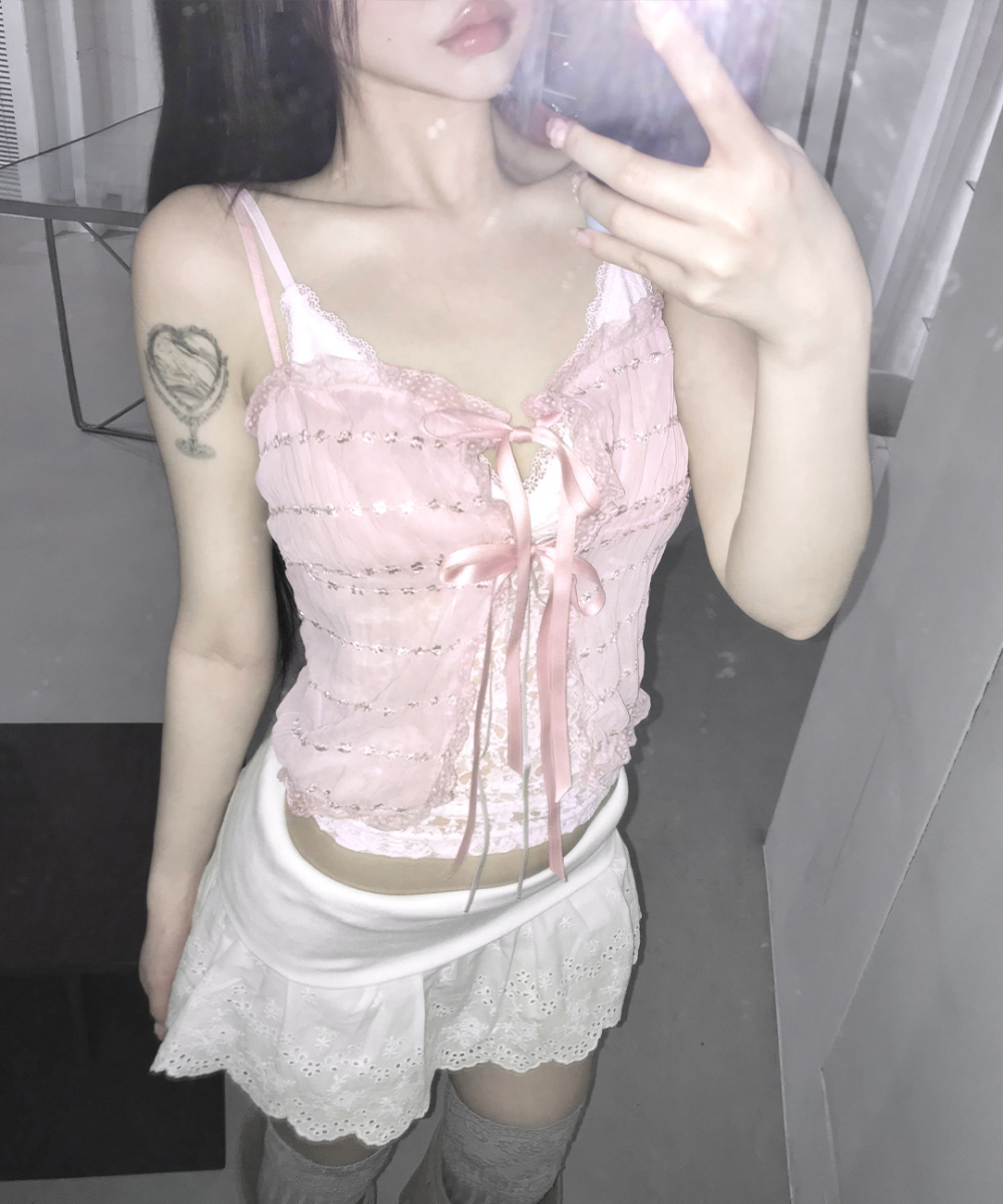 Ribbon Lace Mesh Sleeveless Top