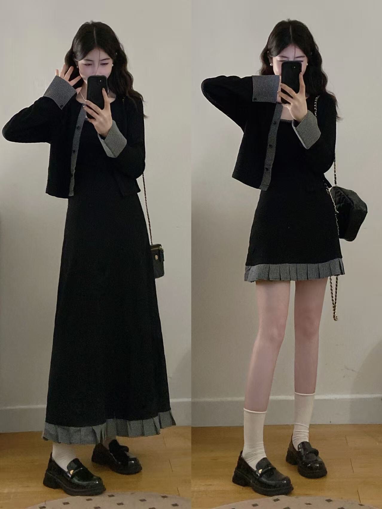 B47(3068短) 短款韩系气质拼边格纹下摆小百褶边吊带裙与开衫黑套装 