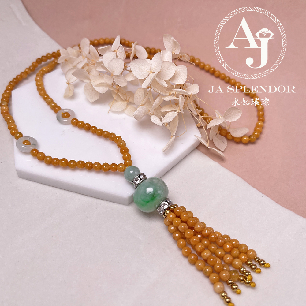 JN-H40-261 天然翡翠A玉 華麗黃翡配綠珠串串金項鏈