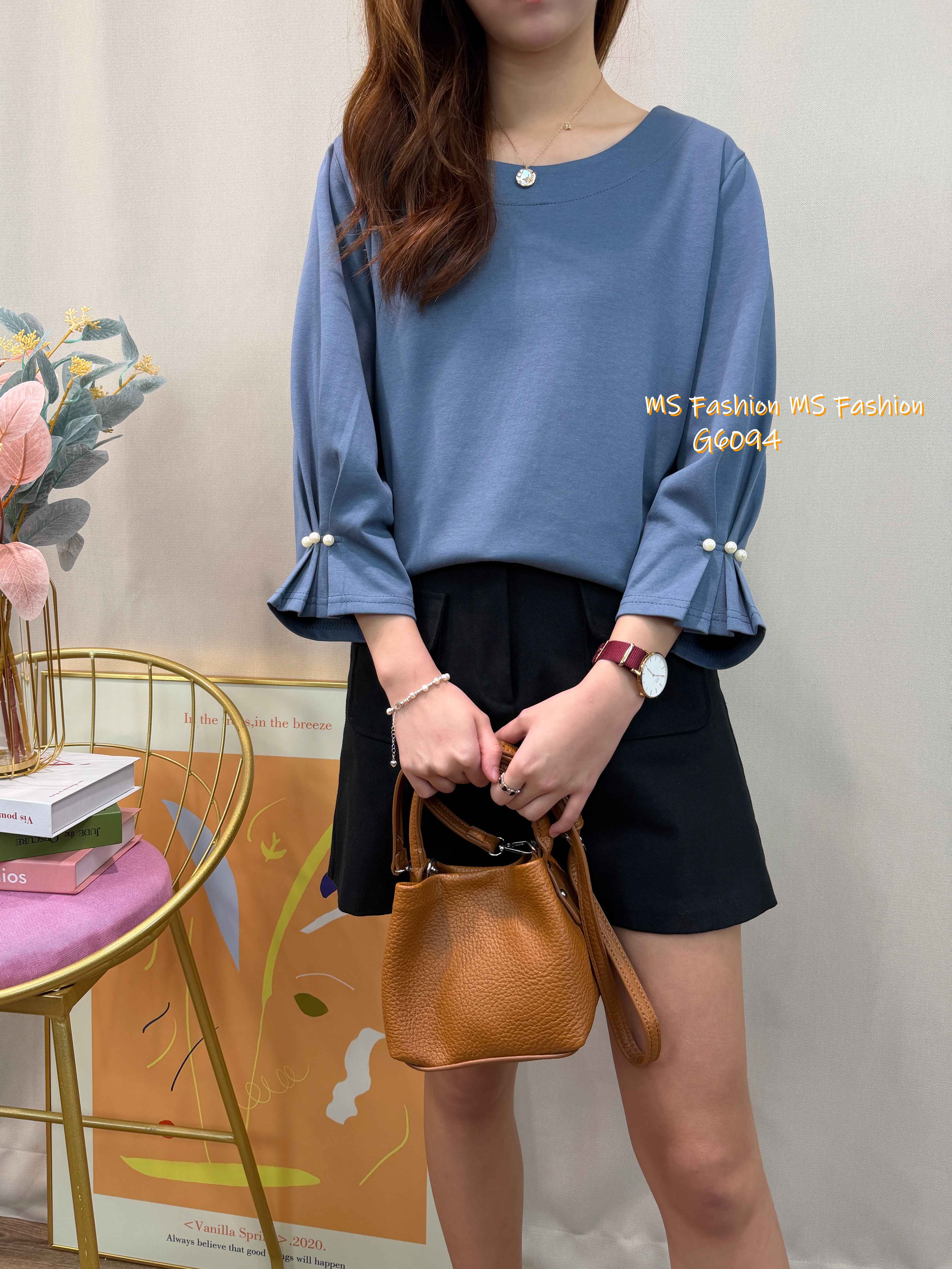 G6094 韓國🇰🇷百摺珠袖淨色top