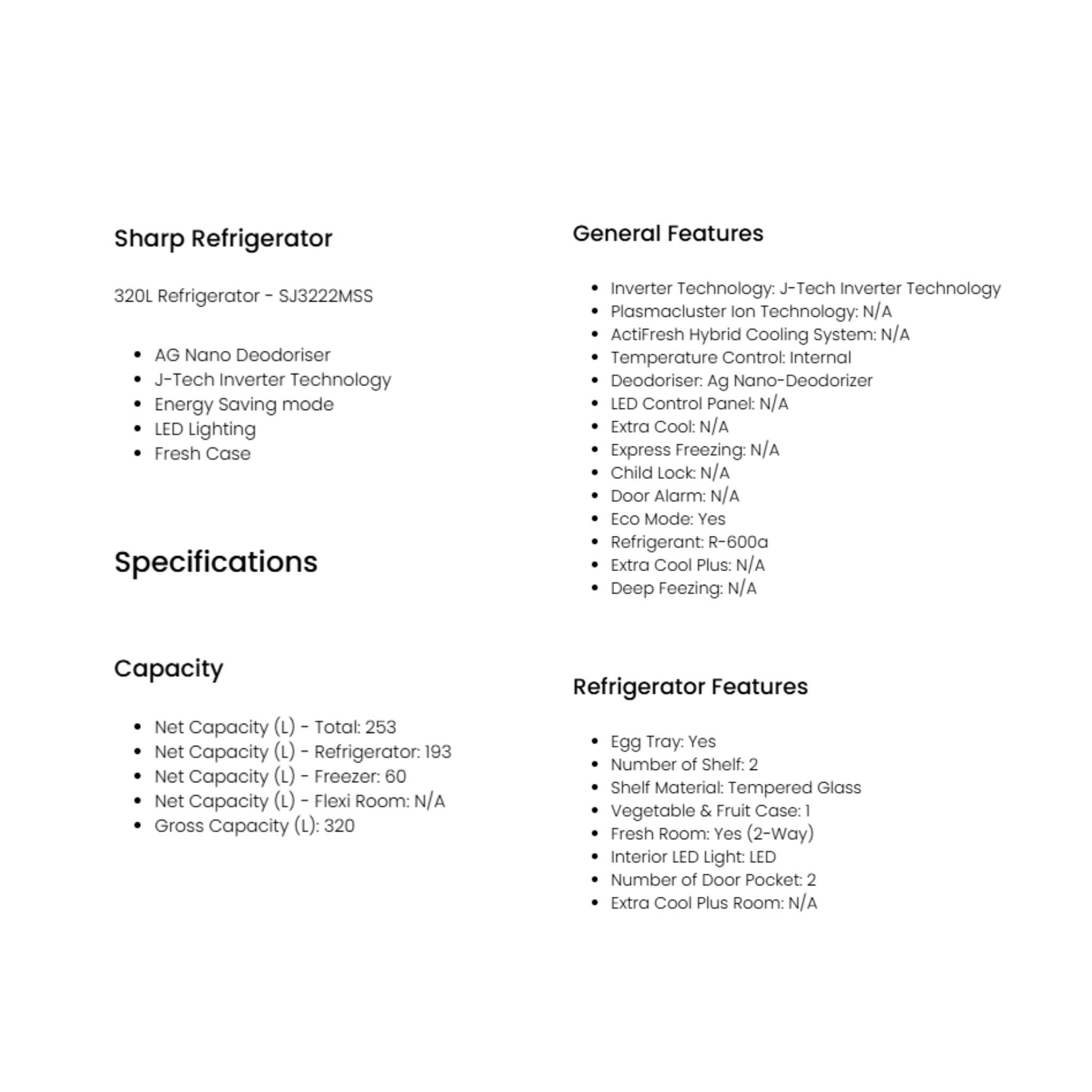 Sharp 320L J-Tech Inverter Refrigerator (SJ3222MSS)