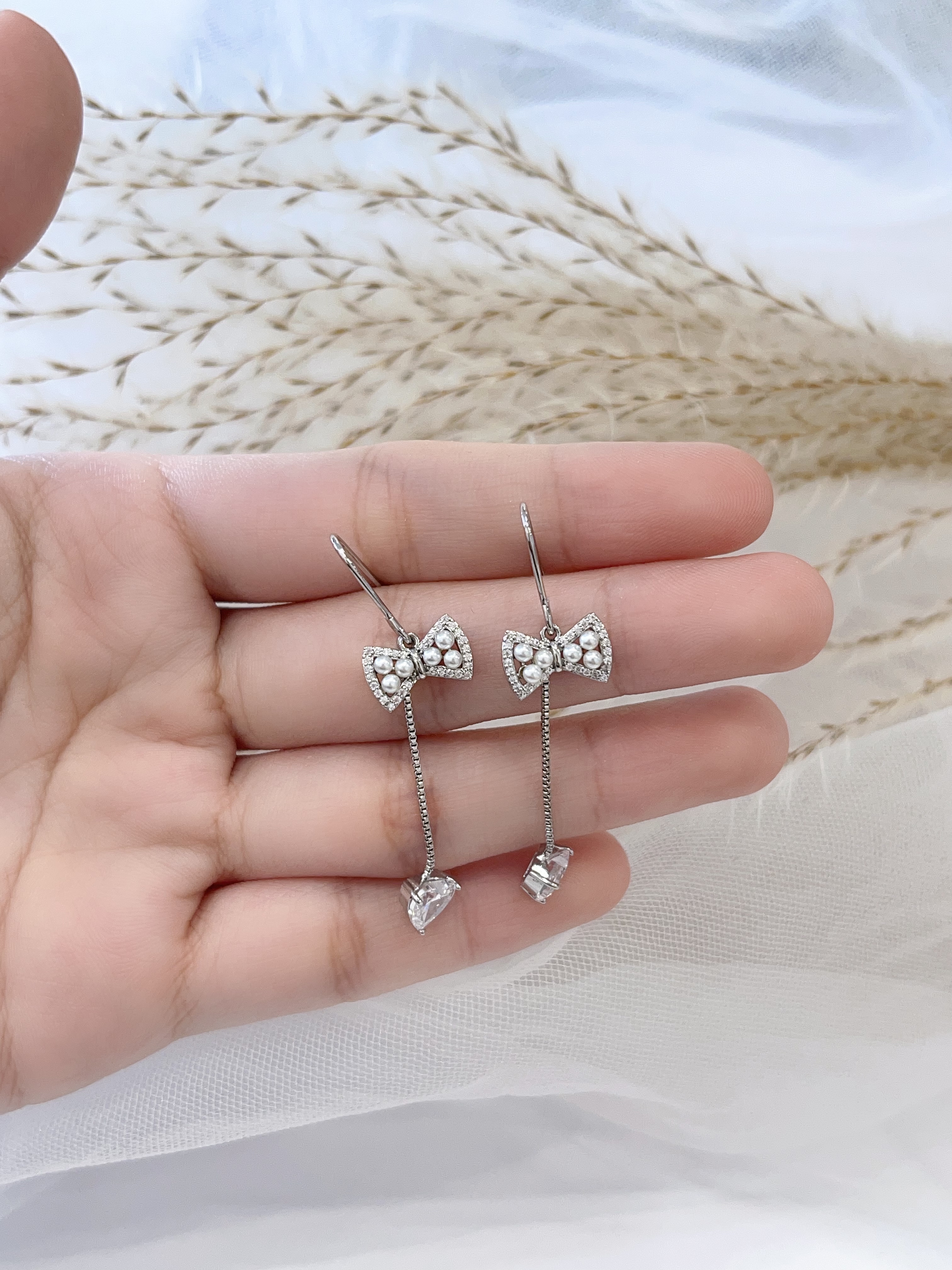 珍珠蝴蝶结爱心流苏耳环