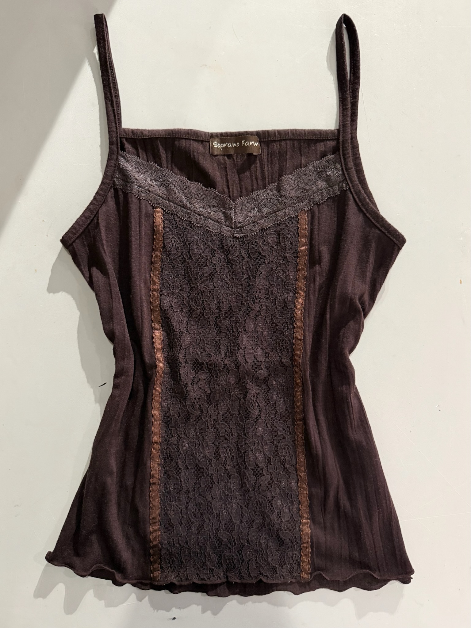 Espresso Ribbed Cami Top with Center Lace Panel