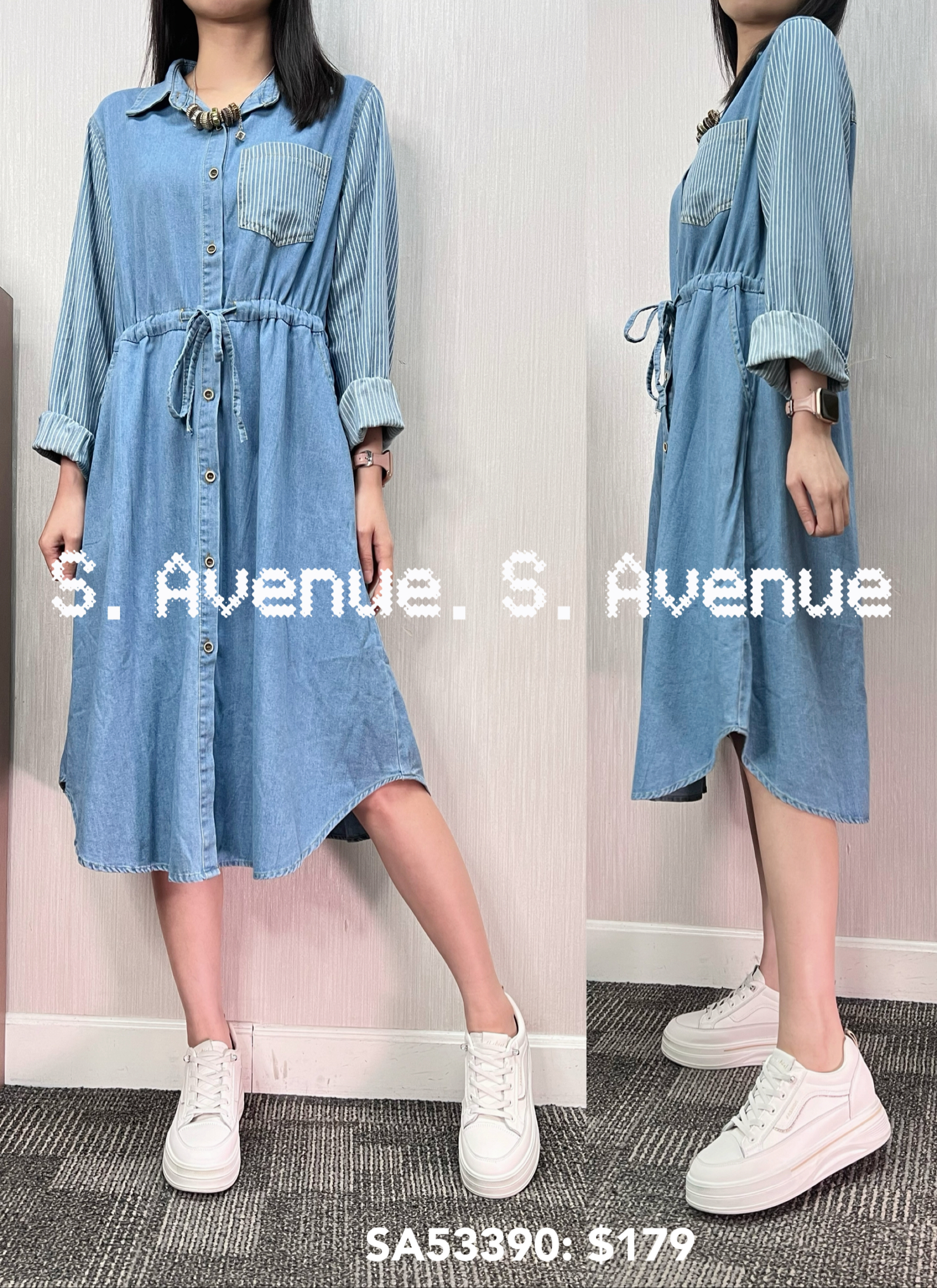 SA53390: 長袖拼直條束腰牛仔op