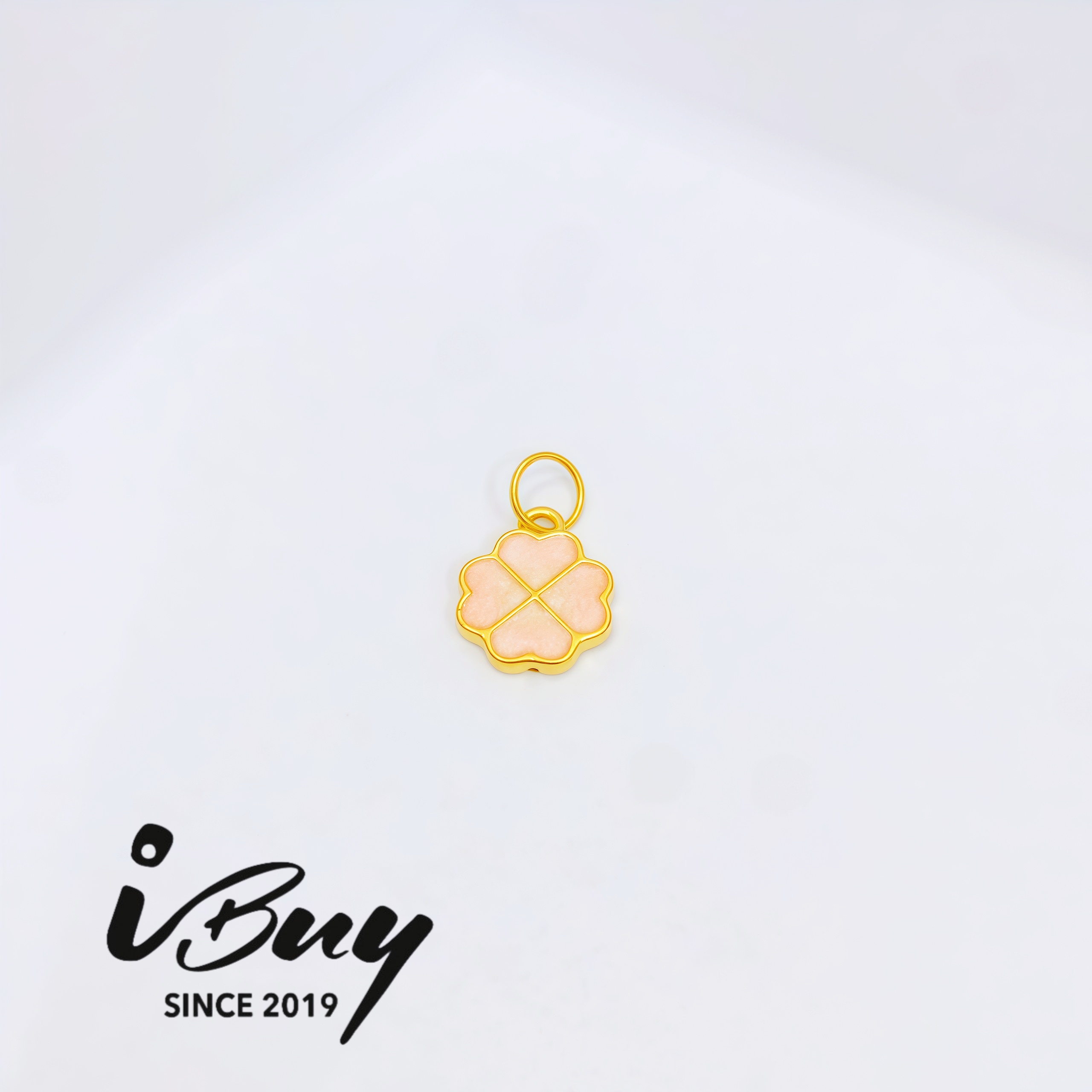 999 GOLD ENAMEL 4 PETAL HEART SHAPPED FLOWER PENDANT - PINK 999 金 珐琅四瓣爱心花 - 粉