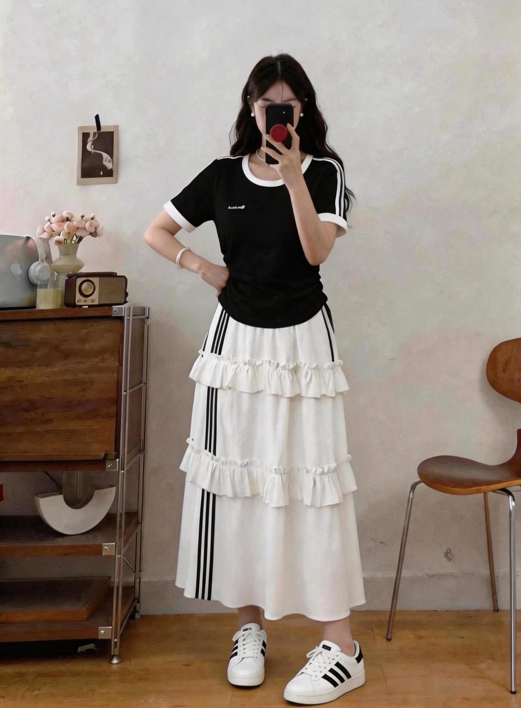 B50(9995衣) 韩系甜美风小字体条纹边肩腰束带黑白上衣