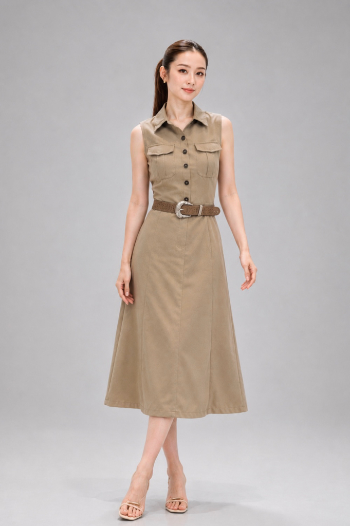20908 Noir Belted Shirt Midi Dress