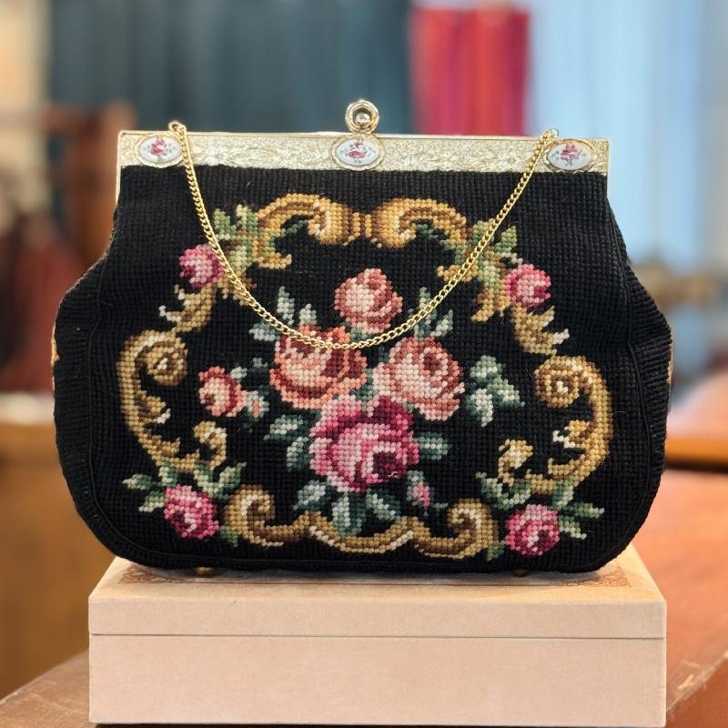 Vintage C.a. 1960s Hand-Stitched Floral Needlepoint Bag with Handpainted Rose Frame (MT2506)