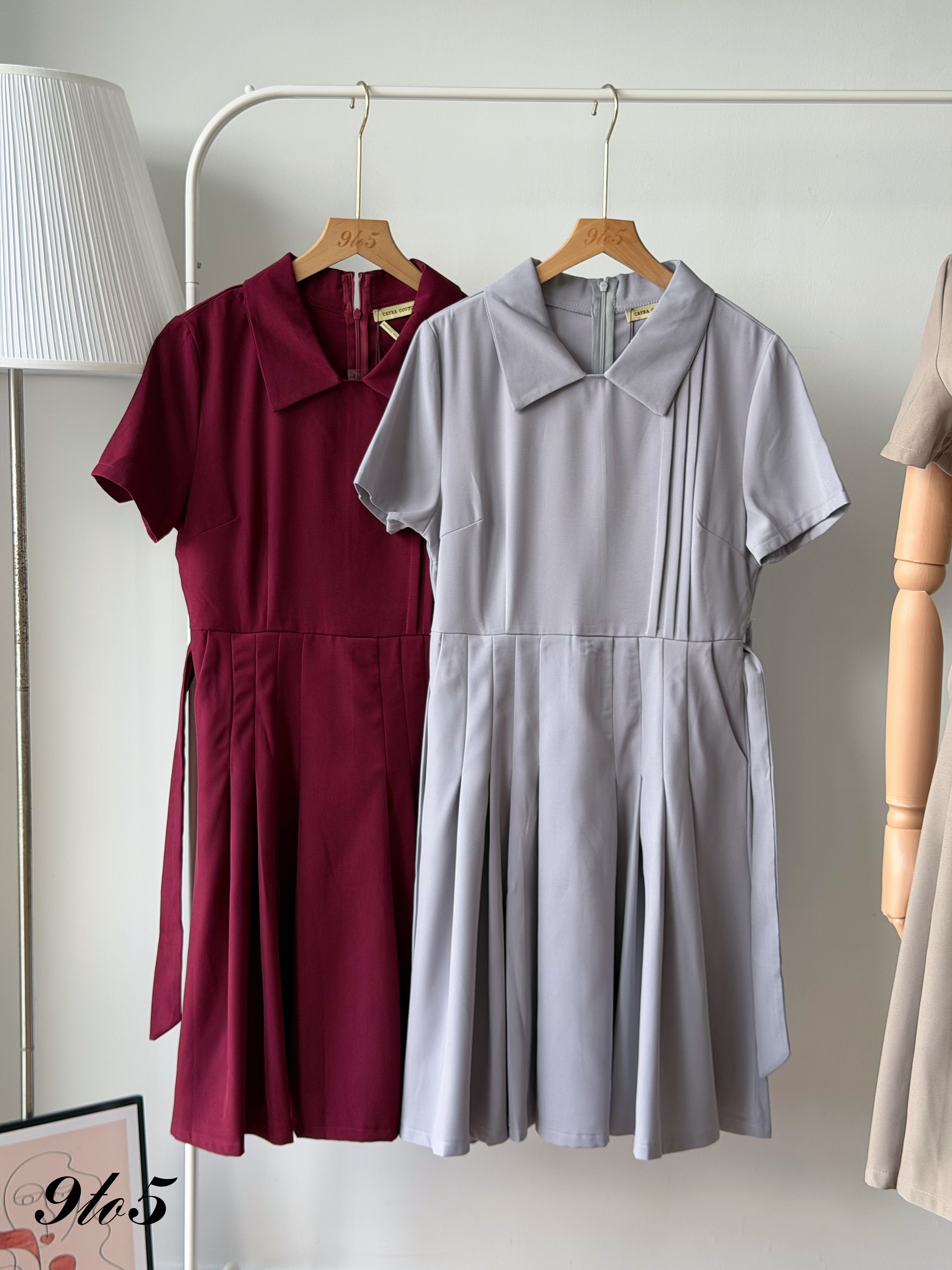 D2385 Collared Pleated Midi Dress - 3 Colors 