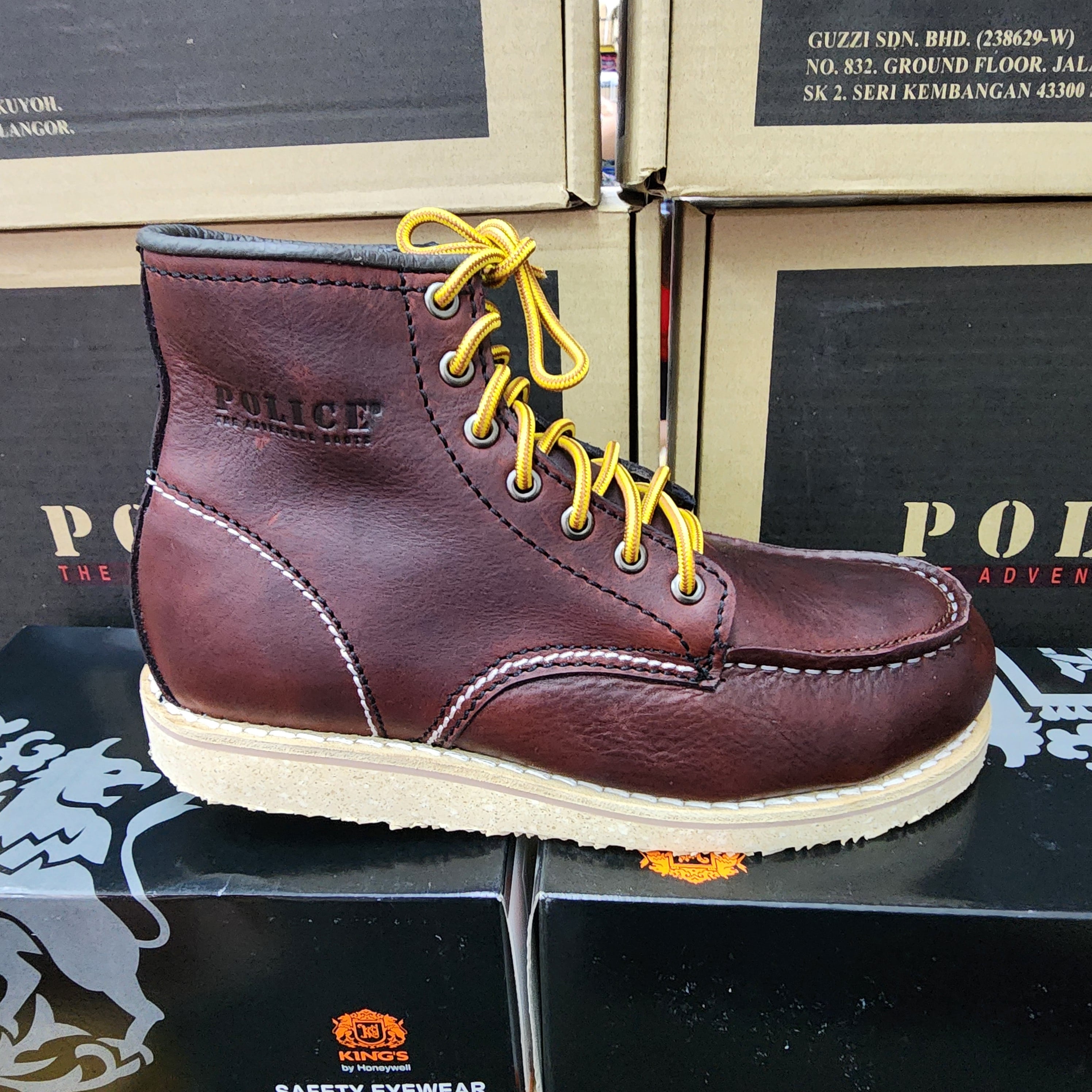 Original Brand Police 91594 Leather Laces Up Safety Boots Brown Light Maroon Dark brown Anti Slip sole Shoe Steel Toe Rubber Outsole 