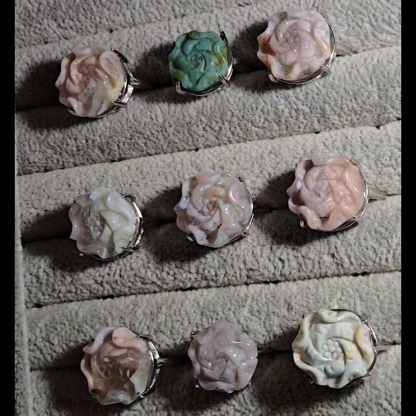 Flower agate flower rings in adjustable sterling silver - JW12
