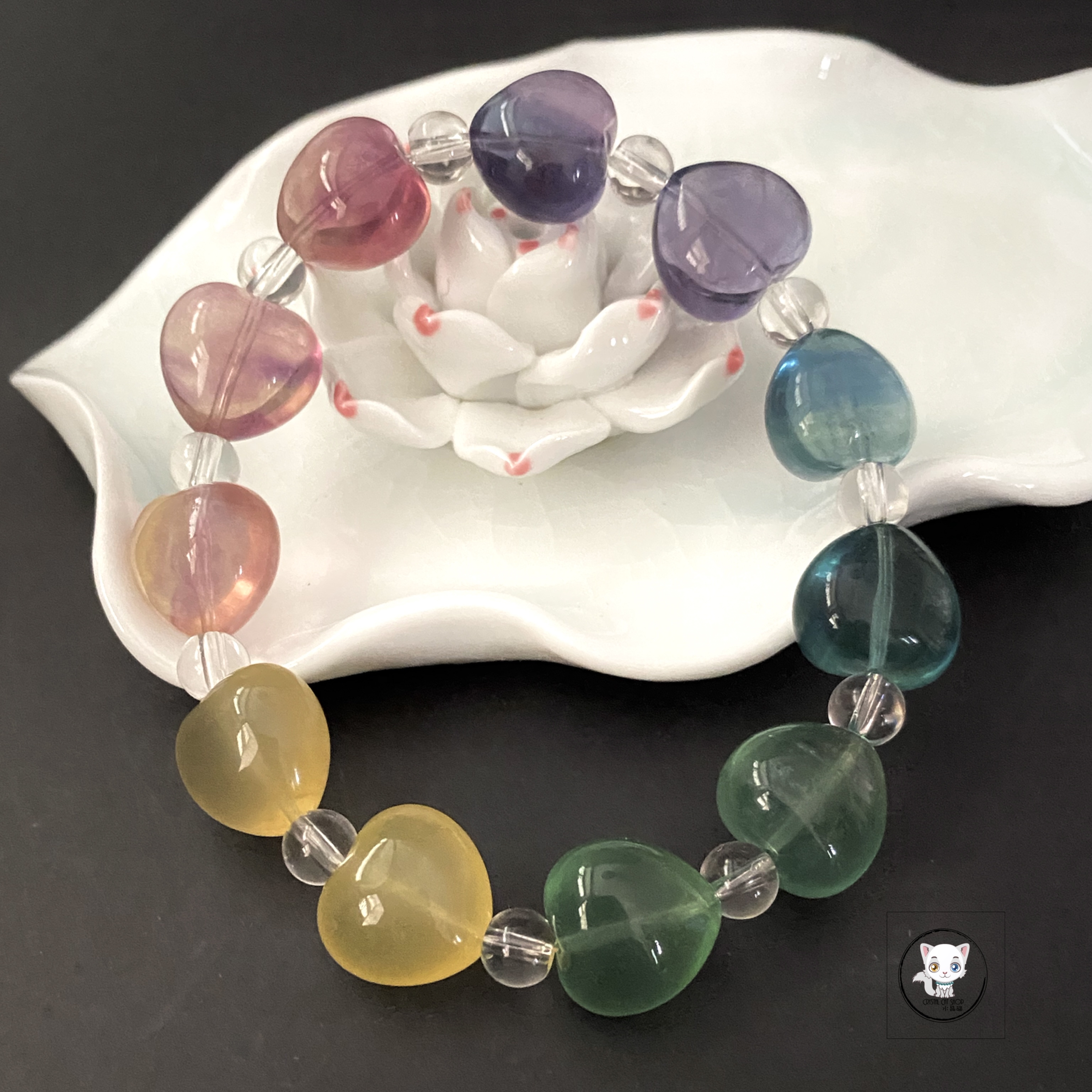 天然彩螢石愛心手鏈 14mm