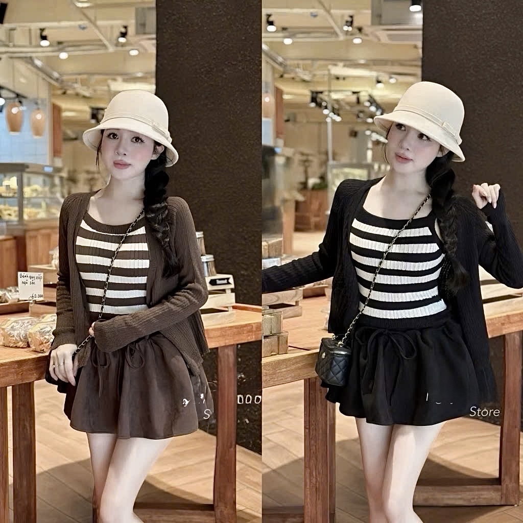 條紋針織短版開襟衫两件套（不包含半身裙）