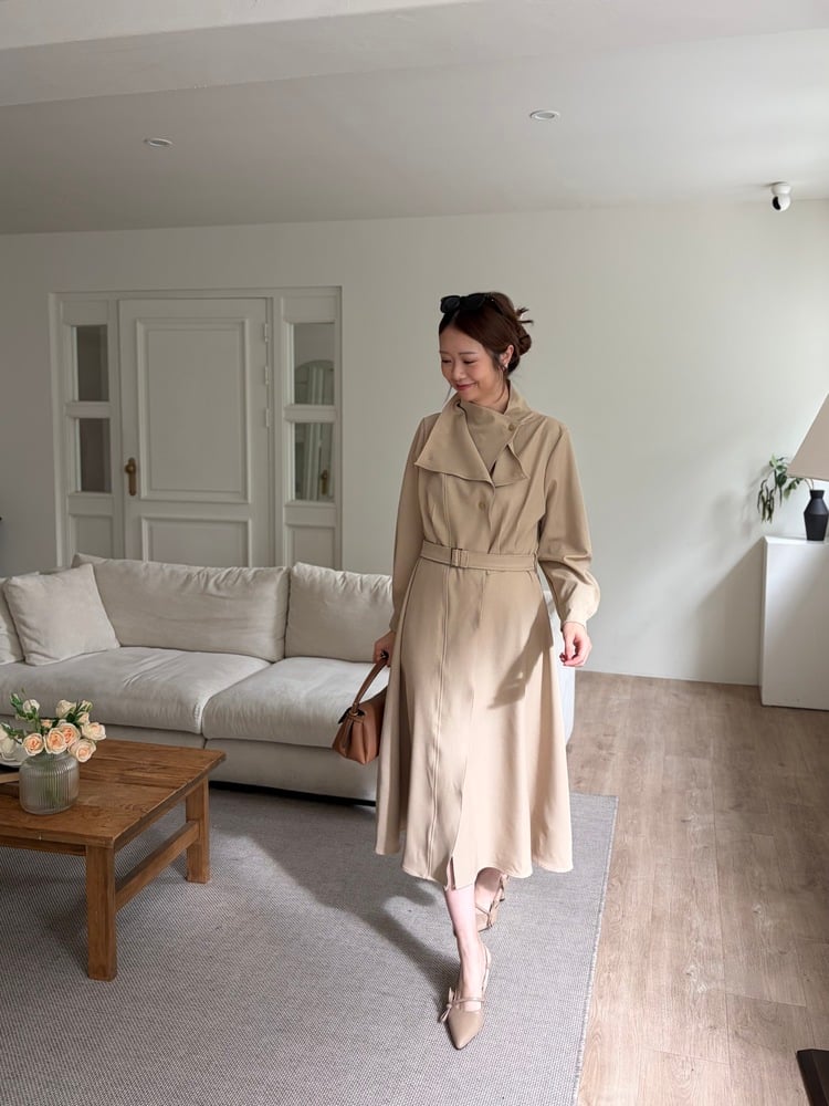 Classic Flared Trench Dress (Warm Beige)