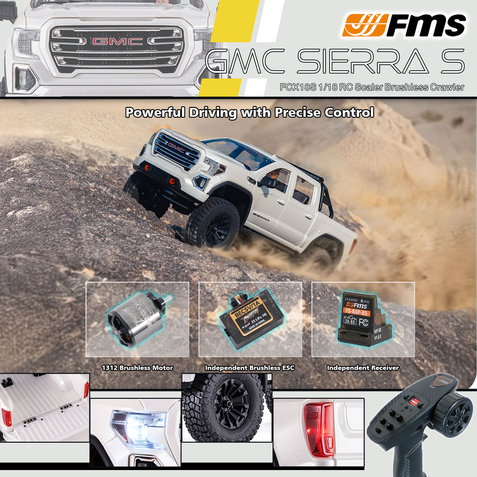 全新 FMS FCX18S 1:18 GMC Sierra S RTR Brushless | General Motors LLC授權 | 無刷版本 | 聯動指揮燈 | 2段機械變速 | 迷你慢爬車 | 遙控車 | 像真迷你遙控車