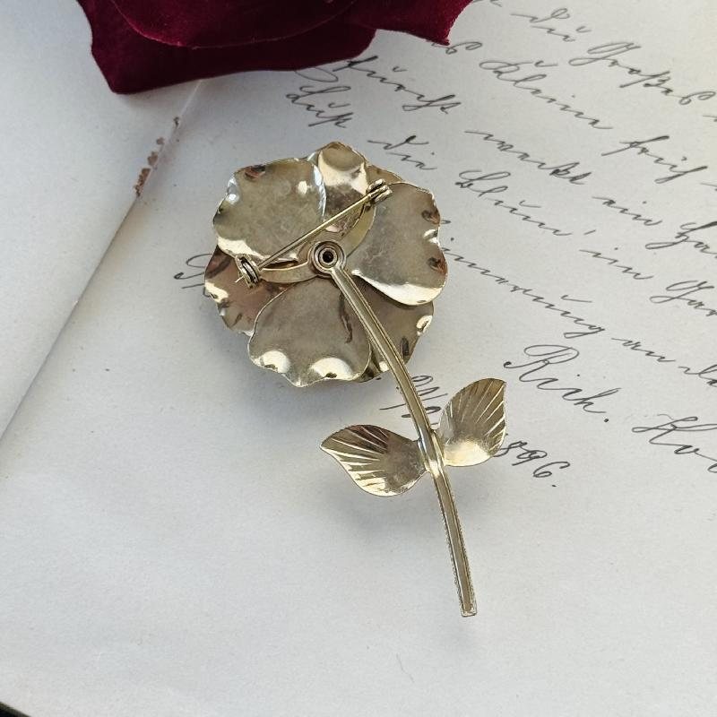Vintage C.a. 1950-60s Mirror and Textured Champagne Gold Blossoming Rose Brooch with Stem(MT1737)
