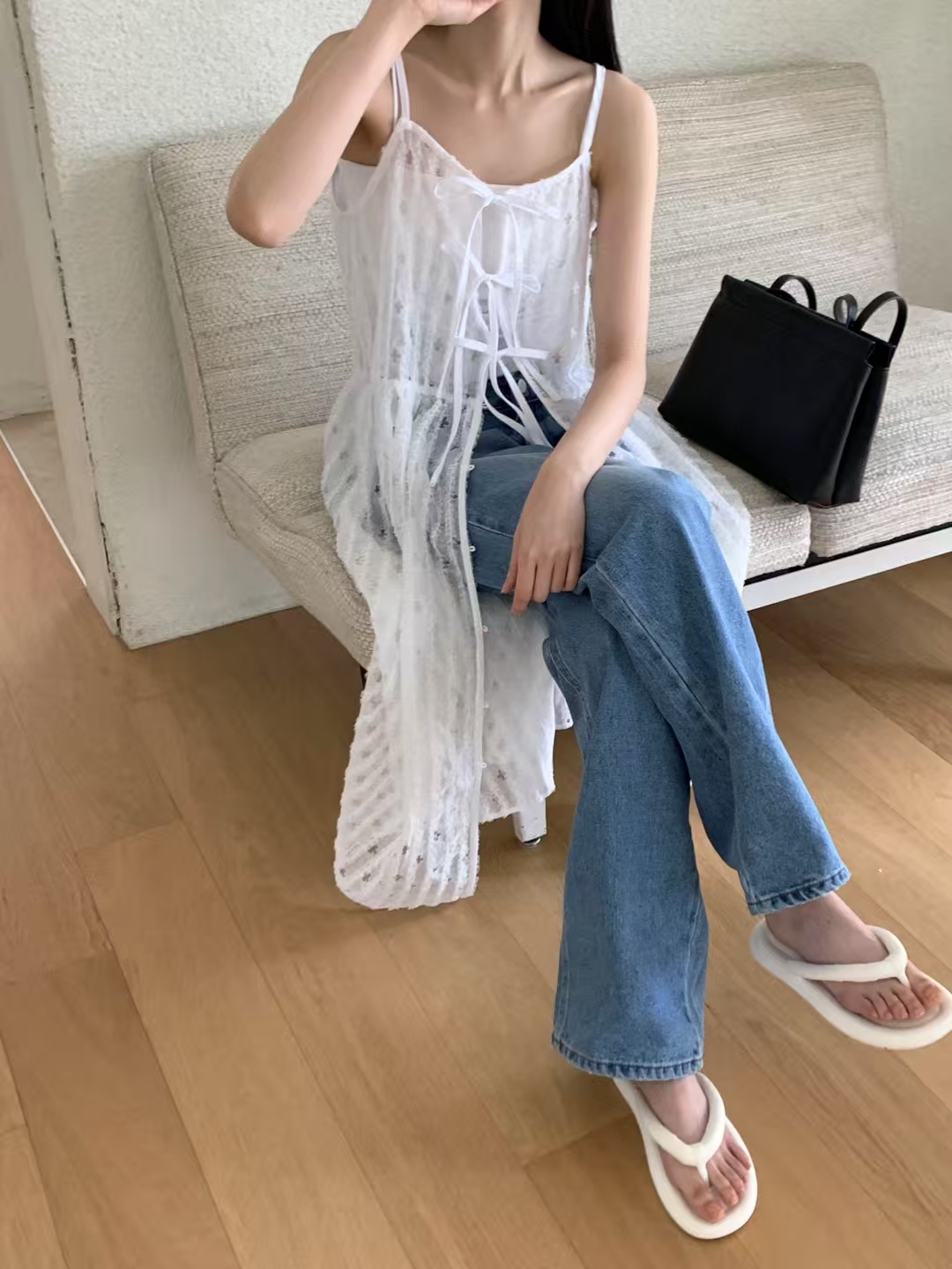 Spaghetti Strap Bow Tie Embroidered Sheer Mesh Long Top ‖ 吊带蝴蝶结绑带刺绣网纱长版上衣 KR01902203