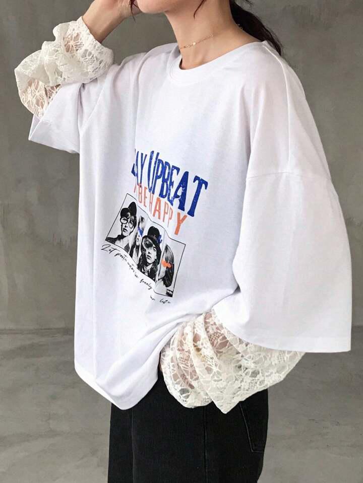 蕾絲拼接印花寬鬆T恤