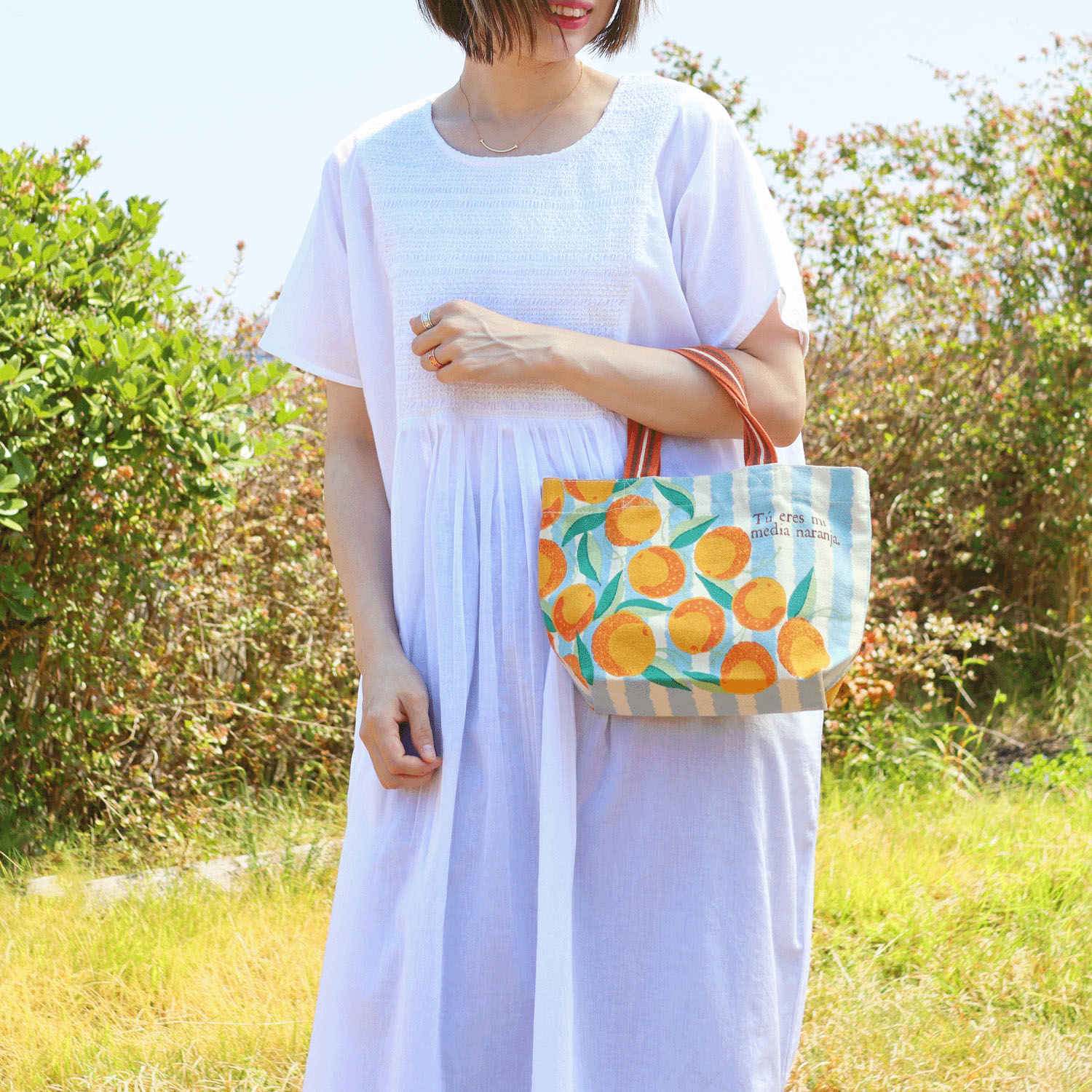TM - 手挽布包 (淺藍色直紋香橙款)