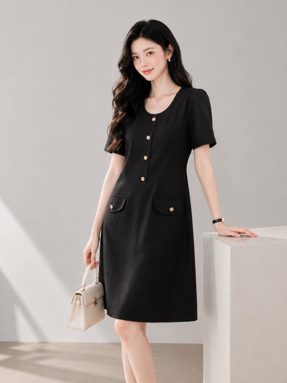 25973 Audrey Button Detail Midi Dress