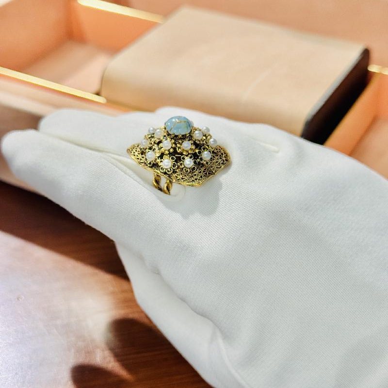 c.a. 1960s German New Old Stock Light Blue Glass Pearl Bead Ring - Adjustable size (C015)