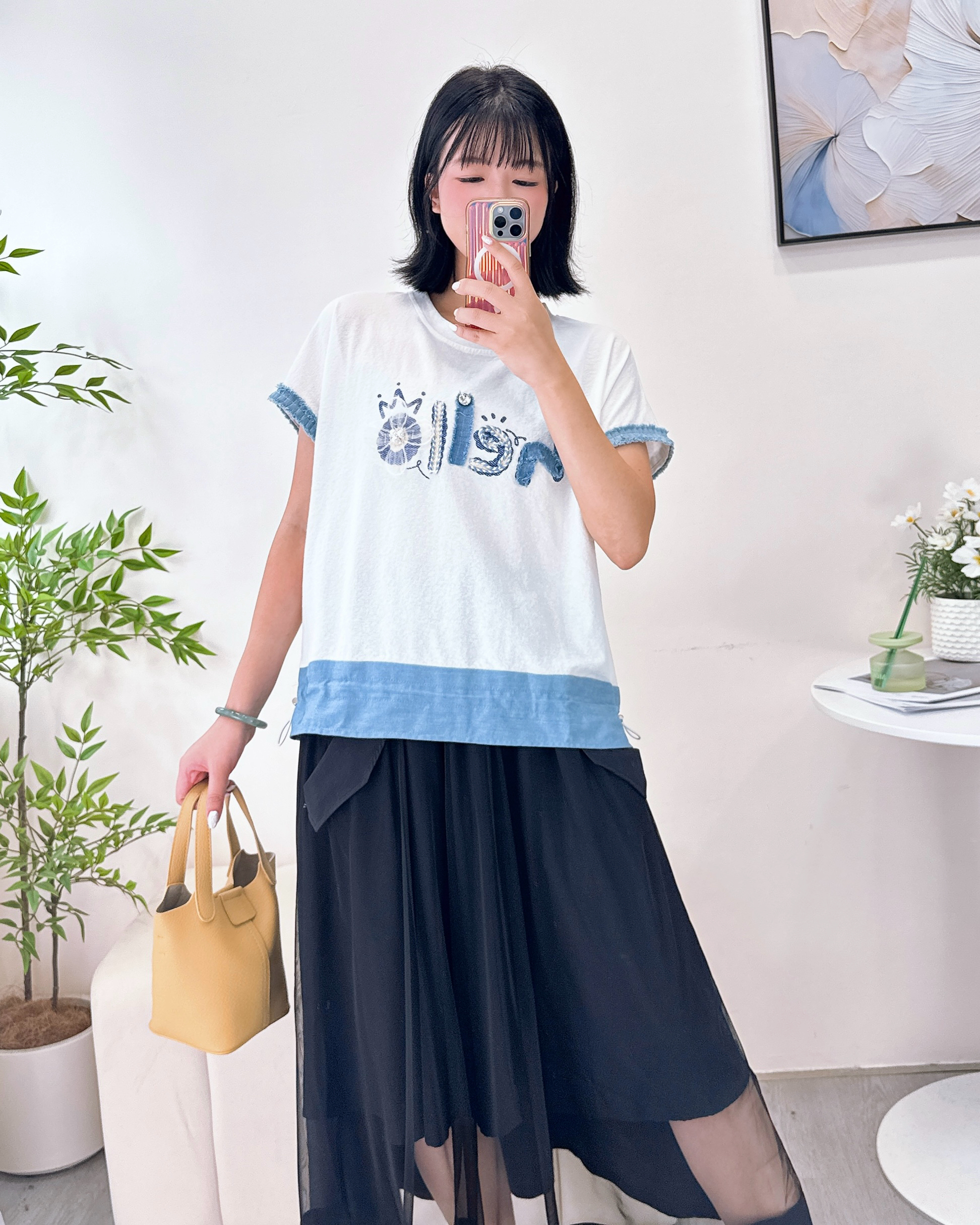 拼牛仔布索繩刺繡上衣