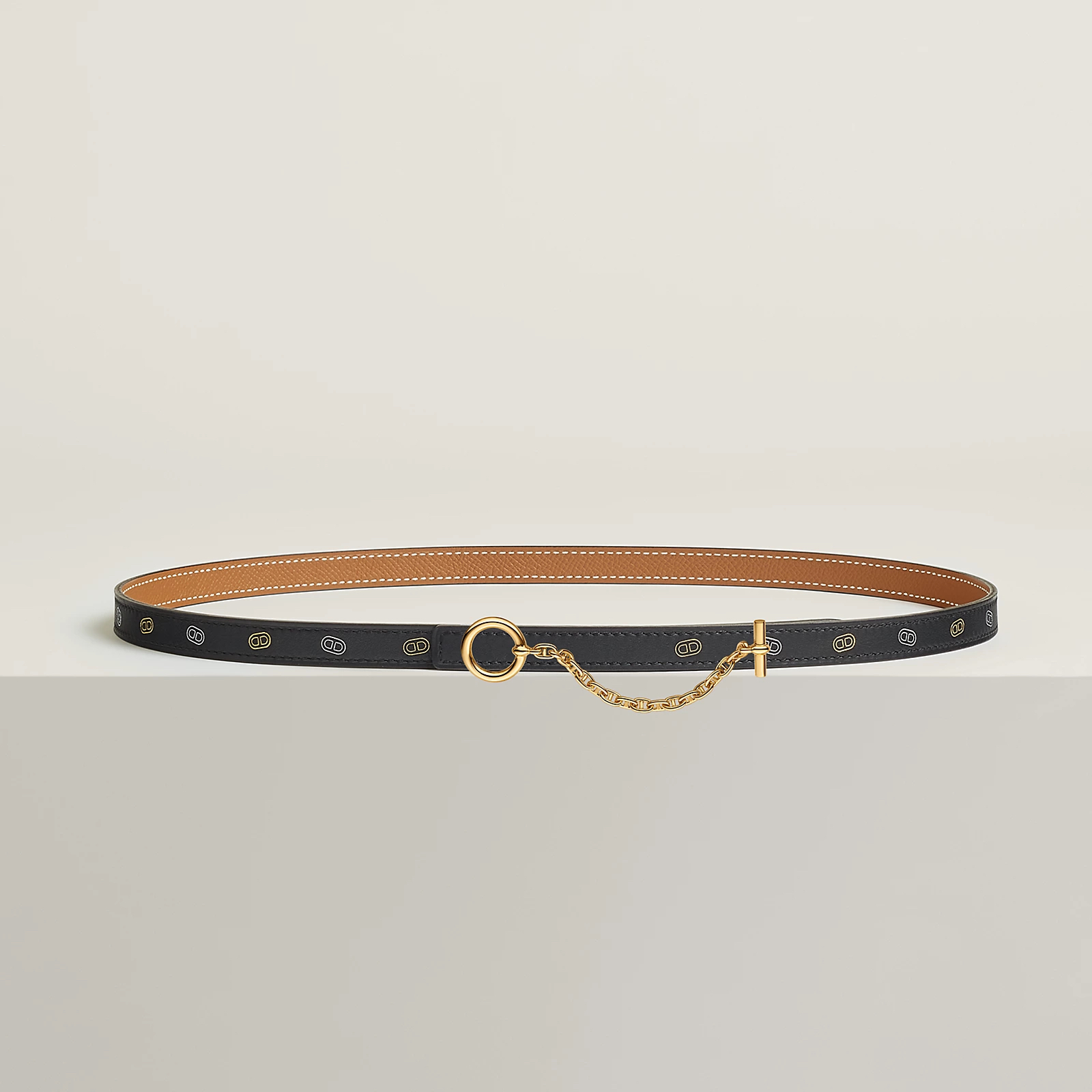 Hermes 全新🆕 13 mm雙面皮帶 + Carrousel 一個環連一串豬鼻圖案組成皮帶鍍金扣