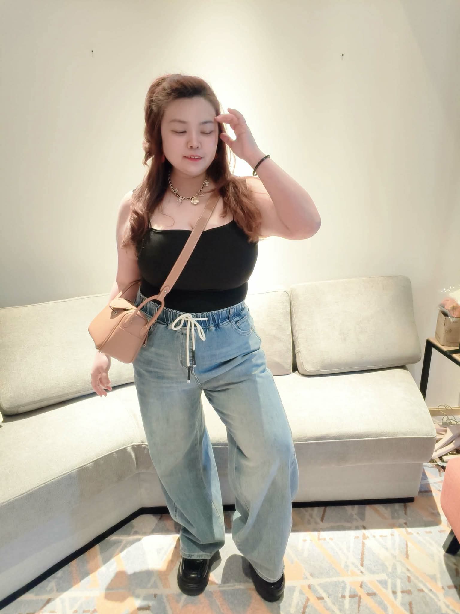 YPA07 C1037 松紧腰弹力水洗牛仔直筒长裤