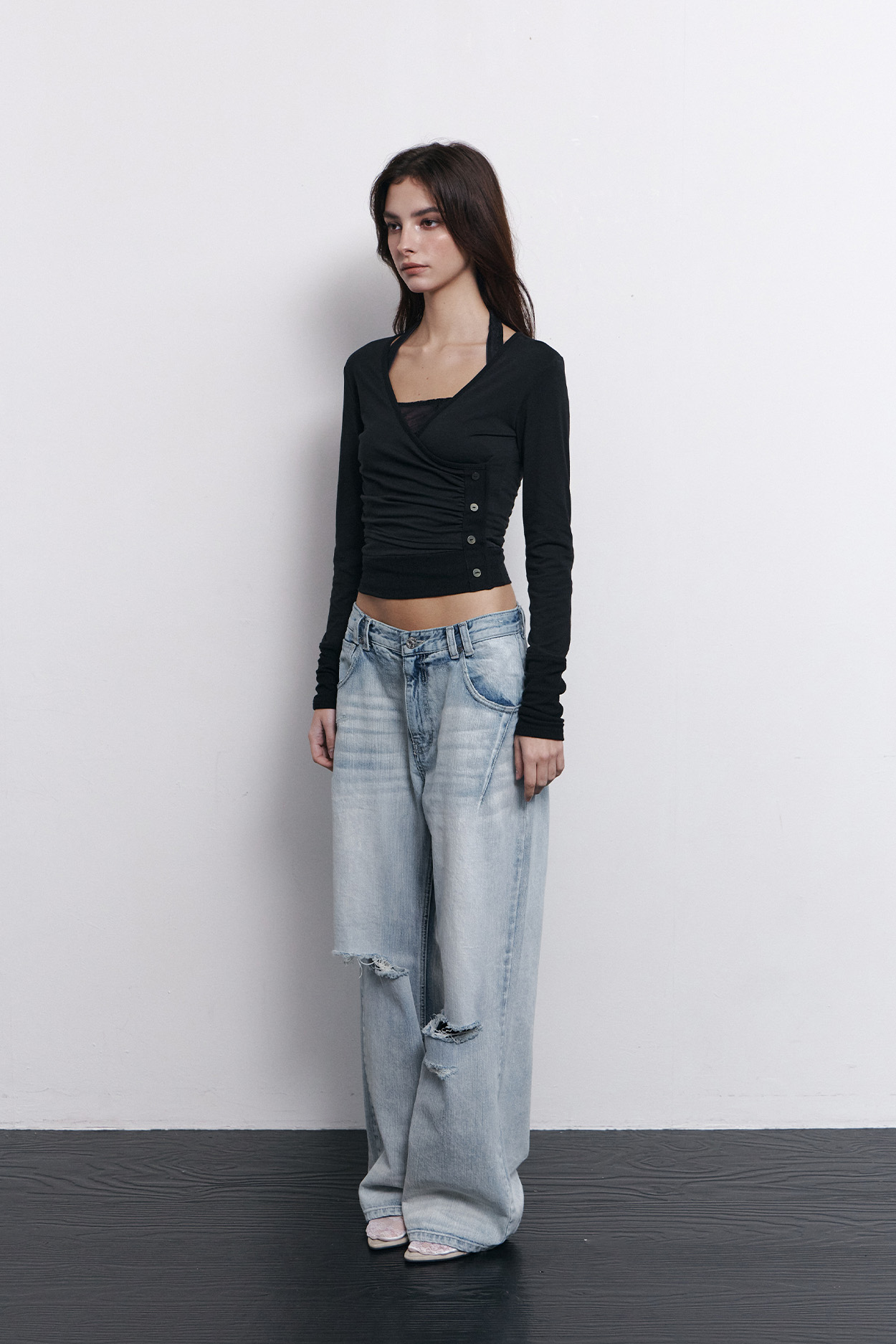 pleaseNOFOLLOW - Selena Button Wrap long sleeve Top (Black)