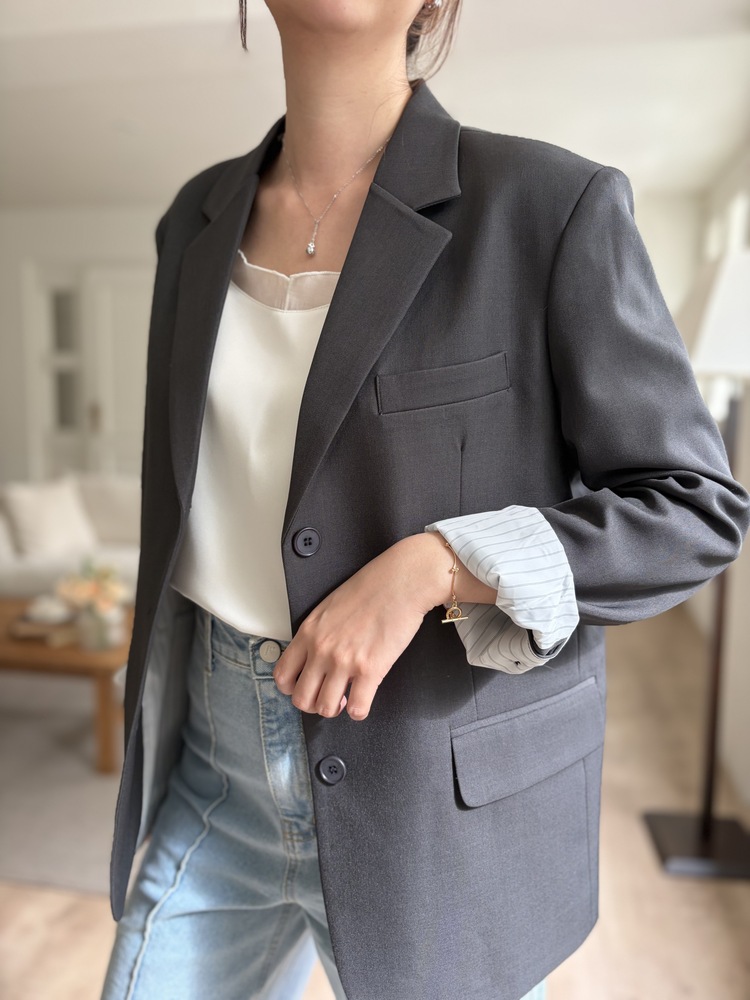Margot Blazer with Striped Cuffs (Charcoal)