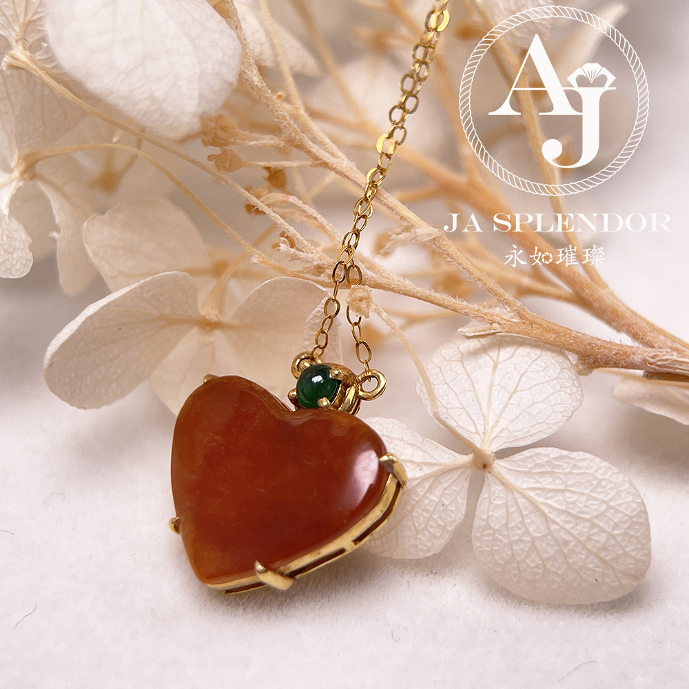 JNk-12 天然翡翠A玉 冰潤紅翡翠心心相印18K金吊墜連項鏈