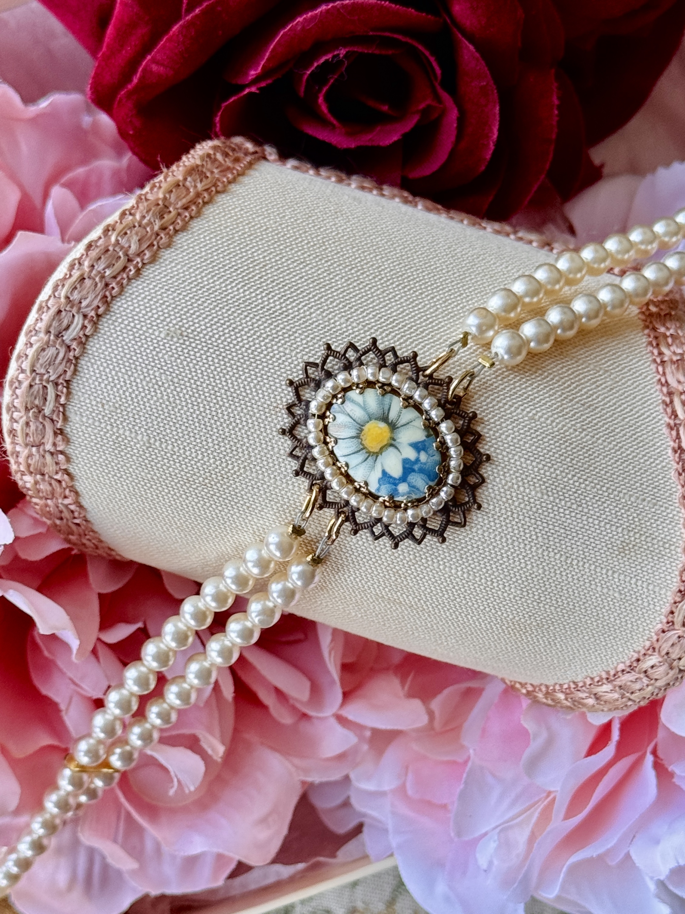 Vintage Recomposed Czechoslovakian Double-Row Glass Pearl Choker with Daisy Pendant (NZ122)