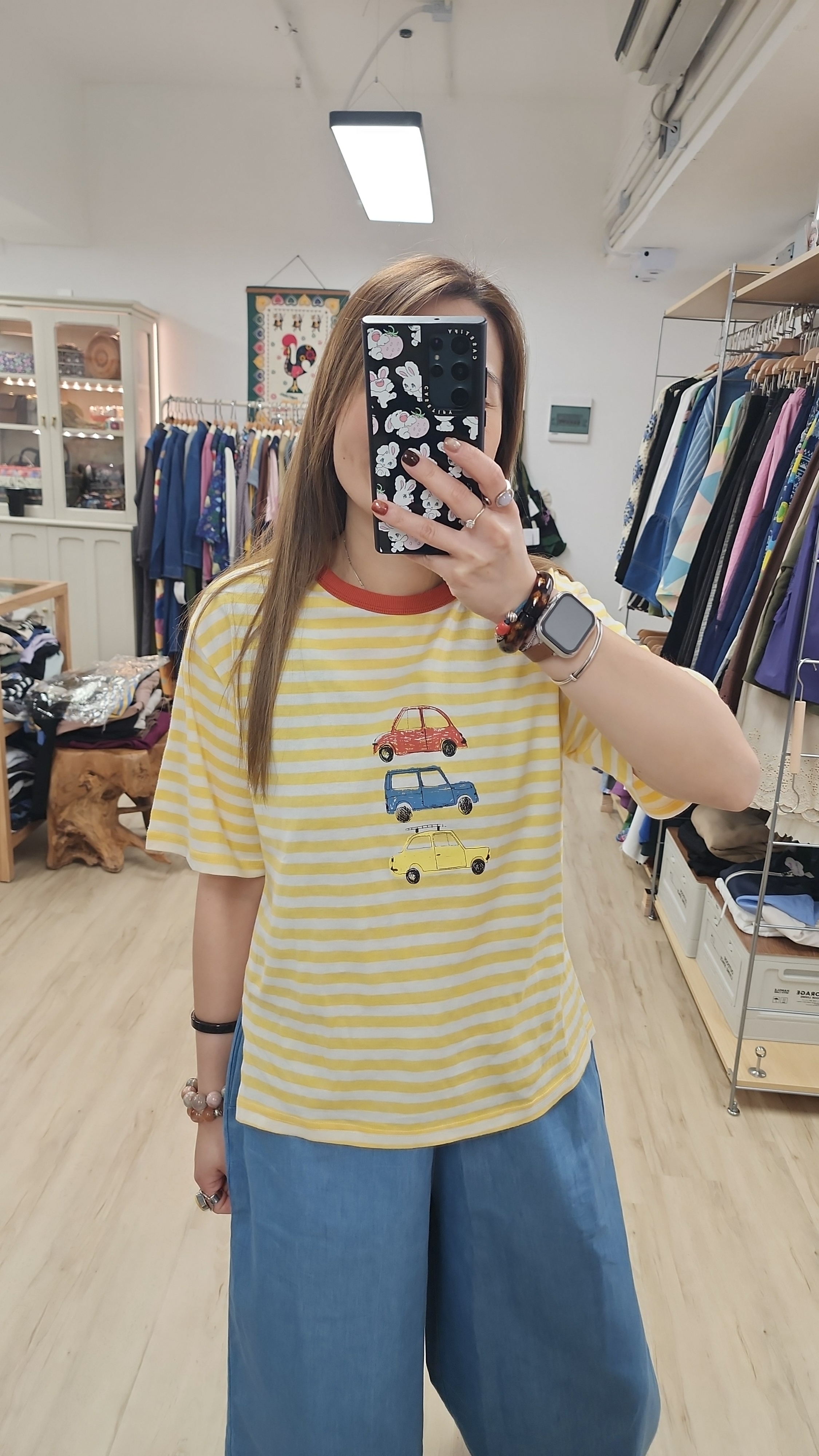 韓國黃白橫間車仔印圖Tee