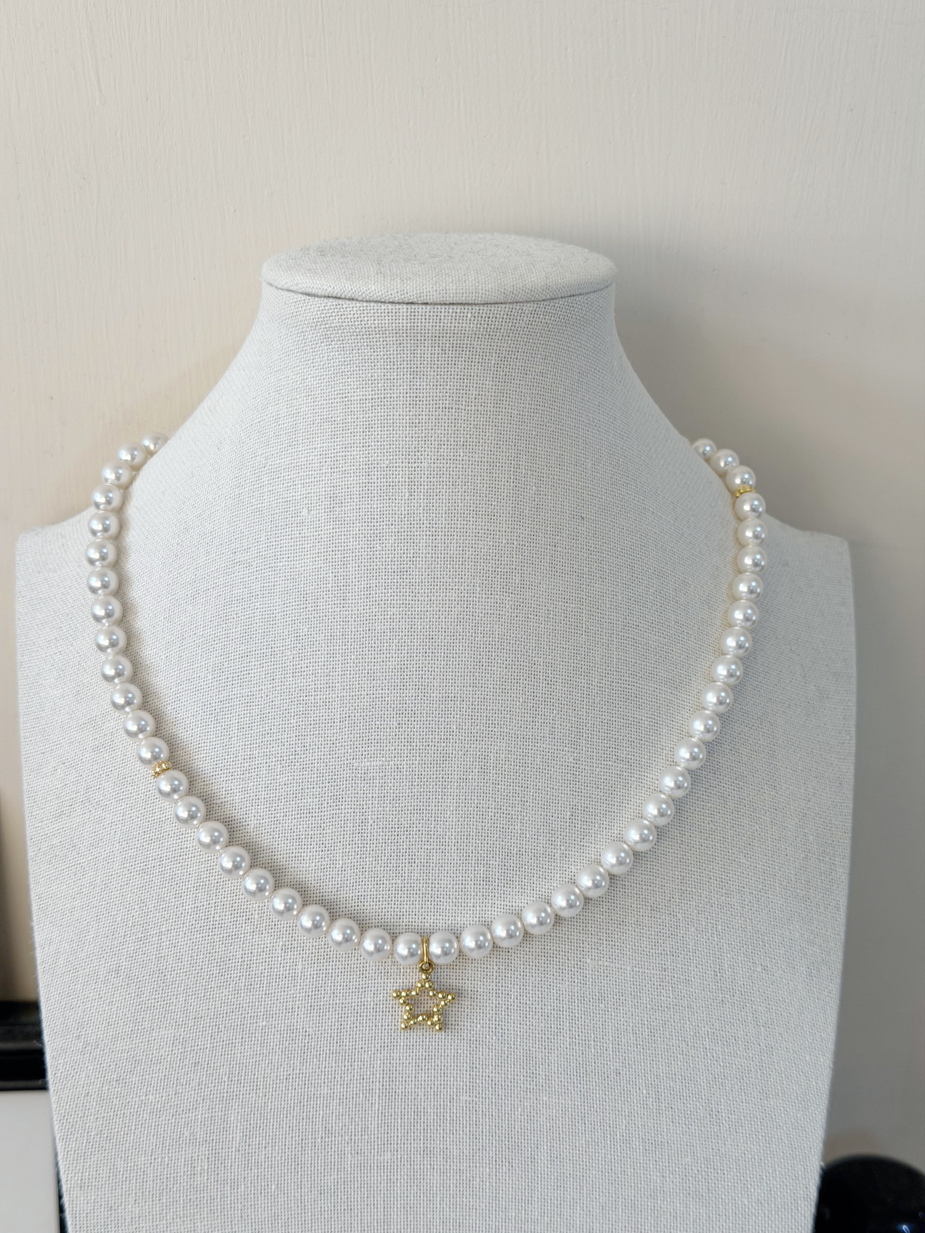 簡約星鑽珍珠頸鍊/6mm米白珍珠