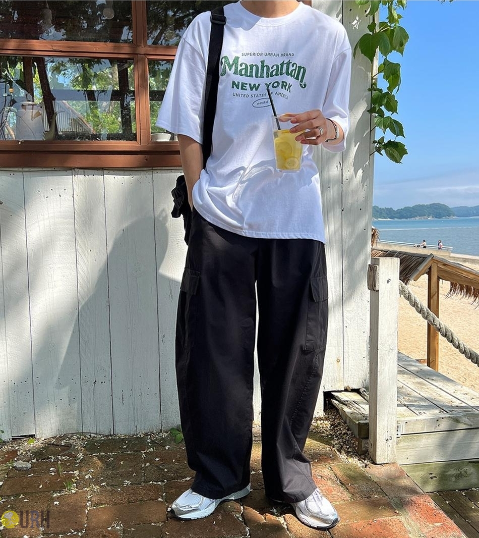 【100%保證韓國直送】Manhattan New York 復古美式街頭微縮字母綠色字體大印花寬鬆落肩圓領短袖Tee 👕 [3 color] RG165903
