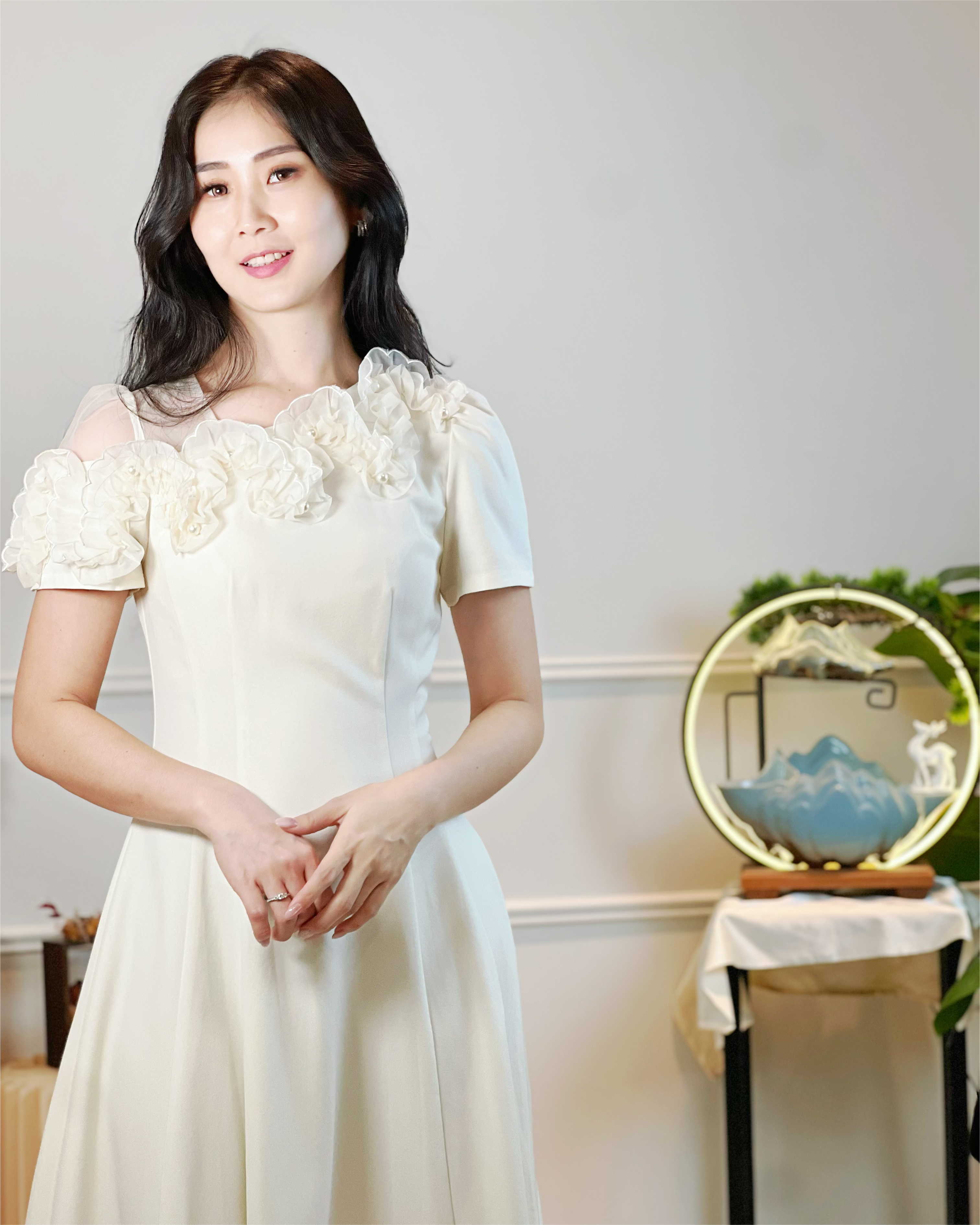 5093 3D Floral Chiffon Appliqué Midi Dress