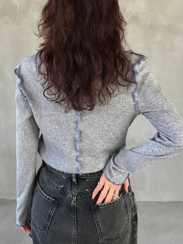 時尚羅紋長袖上衣 - 藍邊設計