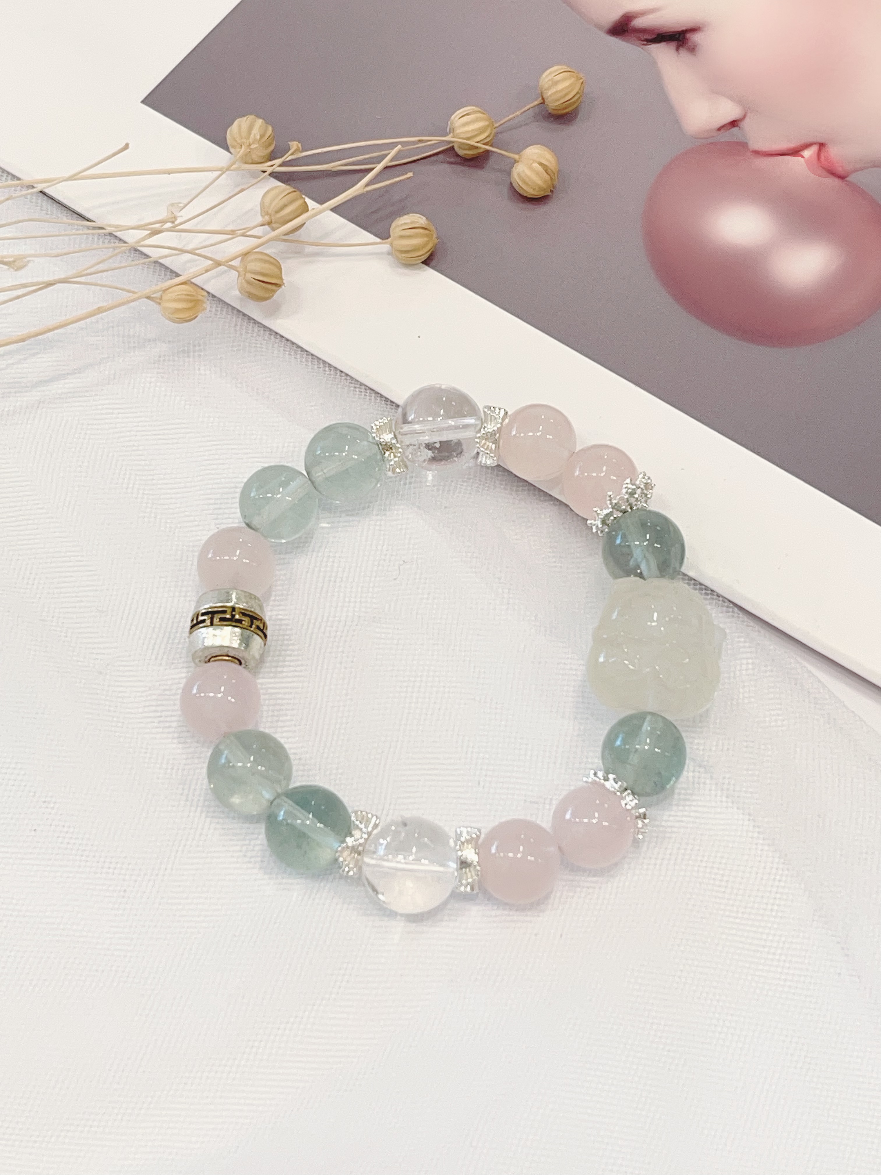 🍋 柠檬黄水晶招财猫× 绿萤石 Lemon Citrine & Green Fluorite ｜10-12mm