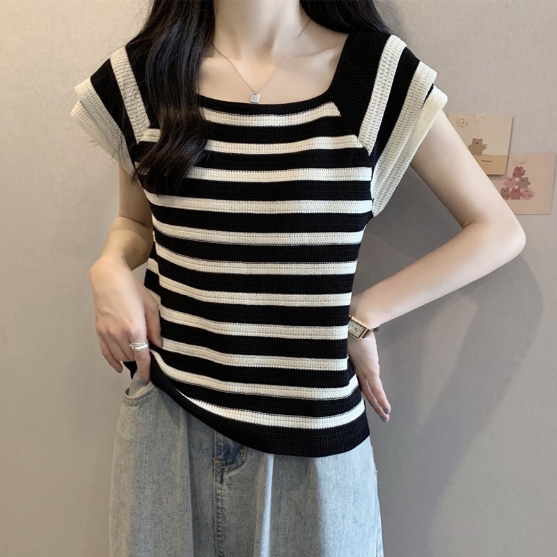 B37(880) 韩版气质横条纹拼接双层飞飞袖黑杏针织上衣