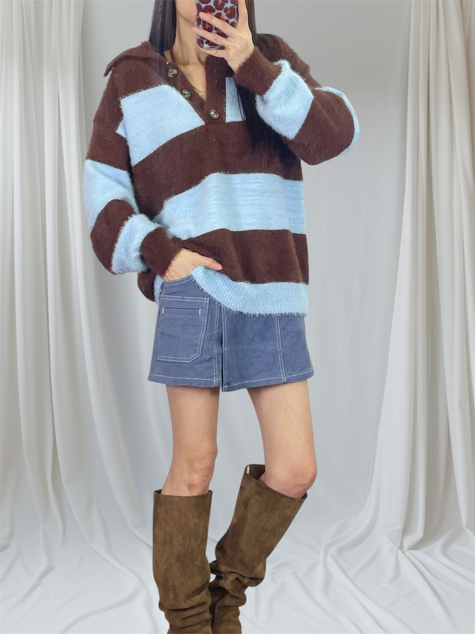 K5546 仿貂毛半胸間色針織